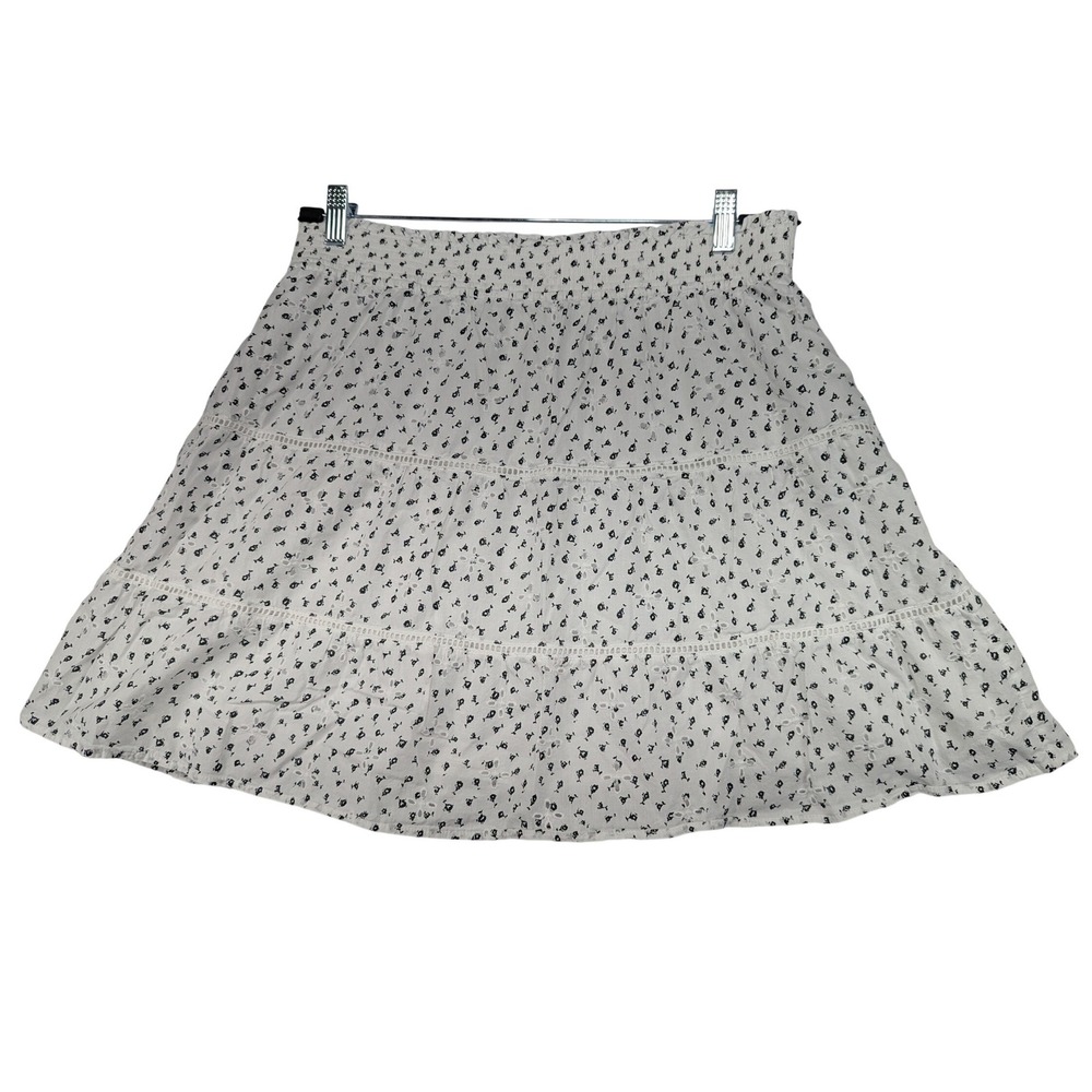 LOFT Tiered Mini Skirt White Black‎ Floral Eyelet Lace Size L